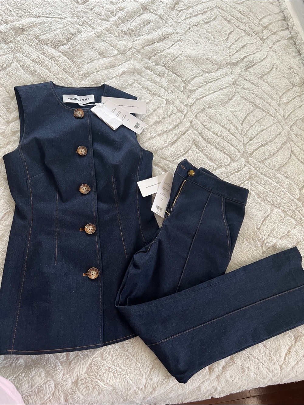 Veronica Beard Navy Indigo Denim Button Vest and Trousers